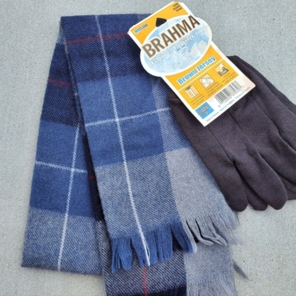 Plaid Scarf and Gray Gloves Set NEW Men's Blue - Picture 2 of 5